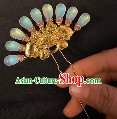 Chinese Classical Moonstone Hair Clip Women Hanfu Hair Accessories Handmade Ancient Tang Dynasty Court Golden Hairpins