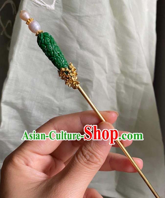 Chinese Song Dynasty Court Pearls Hairpin Handmade Ancient Empress Hanfu Hair Accessories Green Carving Hair Clip