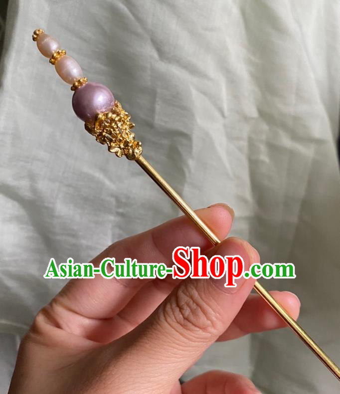 Chinese Ancient Court Empress Purple Bead Hairpin Handmade Hanfu Hair Accessories Qing Dynasty Golden Hair Clip