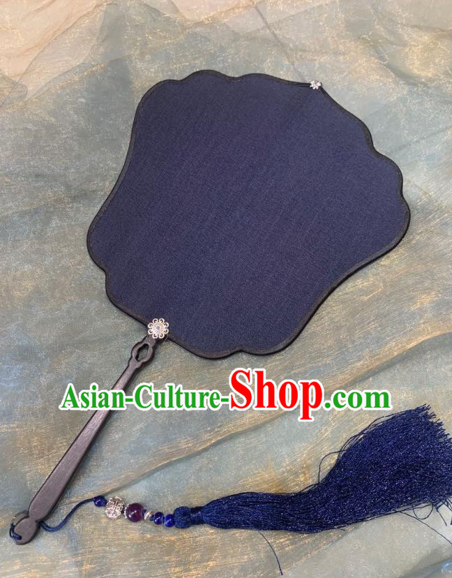 Chinese Classical Hanfu Princess Wedding Fan Ancient Song Dynasty Wood Handle Palace Fans Navy Silk Fans