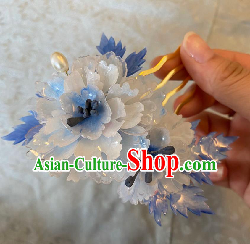 Chinese Women Classical Blue Peony Hair Comb Handmade Ancient Princess Hanfu Hair Accessories Flowers Hairpin