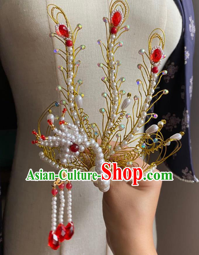 Chinese Ming Dynasty Classical Tassel Hairpin Handmade Ancient Empress Hanfu Hair Accessories Court Women Pearls Phoenix Hair Crown