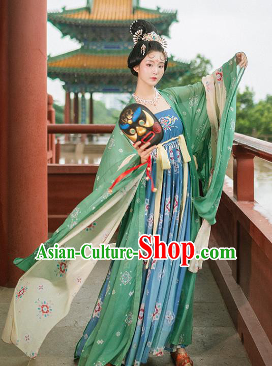 Chinese Ancient Imperial Concubine Hanfu Dress Traditional Apparels Costumes Tang Dynasty Court Lady Garment Green Cloak and Blue Dress