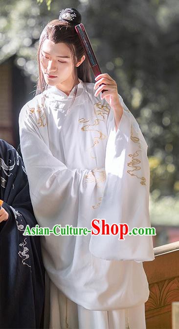 Chinese Ancient Noble Scholar Hanfu Apparels Traditional Costumes Ming Dynasty Prince Garment Embroidered White Robe