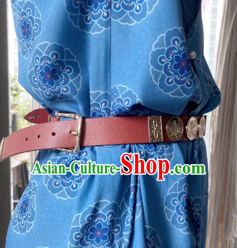 Chinese Classical Ancient Hanfu Red Leather Belt Tang Dynasty Swordsman Waistband Accessories