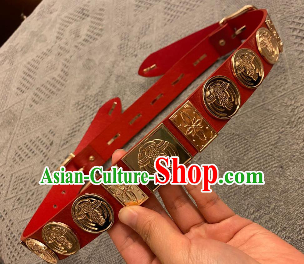 Chinese Classical Ancient Hanfu Red Leather Belt Tang Dynasty Swordsman Waistband Accessories