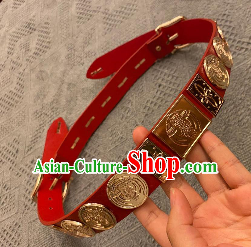 Chinese Classical Ancient Hanfu Red Leather Belt Tang Dynasty Swordsman Waistband Accessories