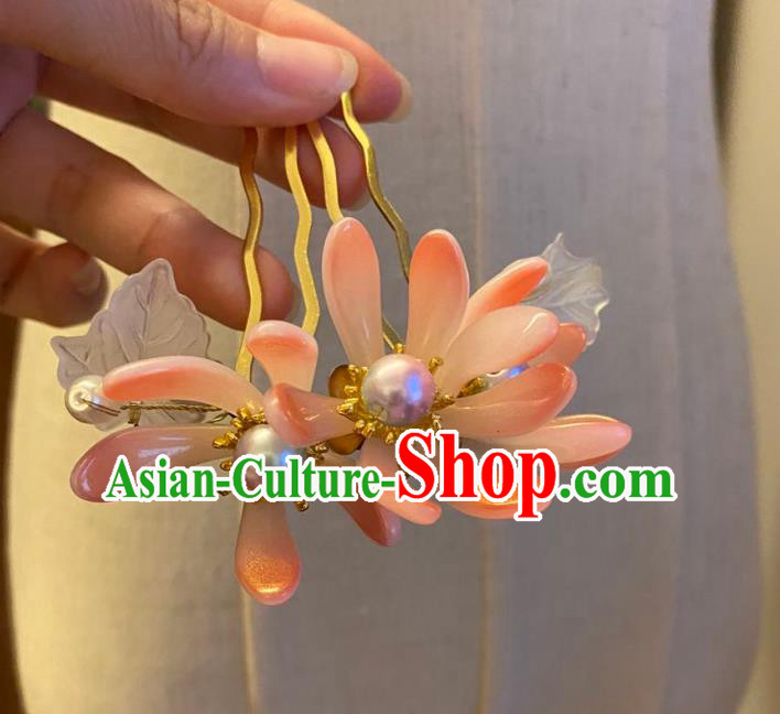 Chinese Ancient Princess Hairpin Hanfu Hair Accessories Women Handmade Pink Chrysanthemum Hair Comb