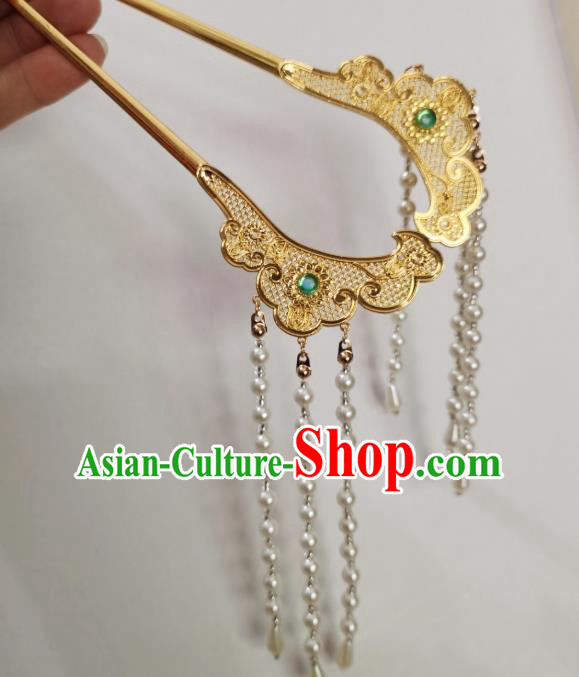 Chinese Ancient Princess Golden Hairpins Hair Accessories Women Handmade Hanfu Song Dynasty Beads Tassel Hair Clip