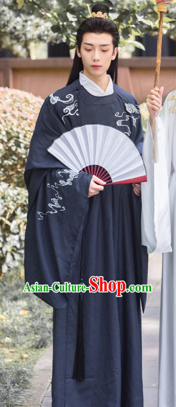 Chinese Ancient Scholar Hanfu Apparels Traditional Costumes Ming Dynasty Noble Prince Garment Embroidered Navy Blue Robe