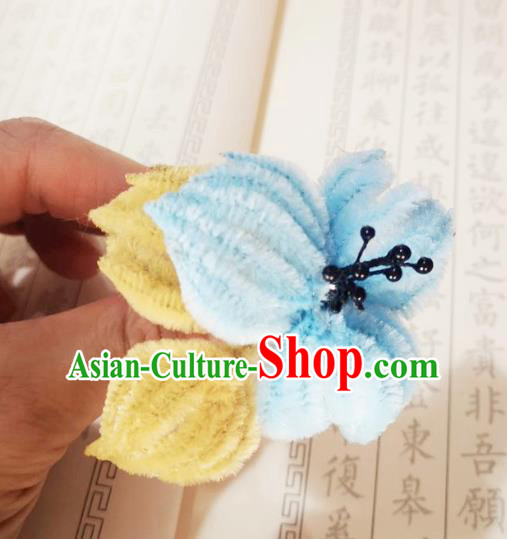 Chinese Ancient Princess Blue Velvet Flowers Hairpins Hair Accessories Handmade Qing Dynasty Palace Lady Hair Stick