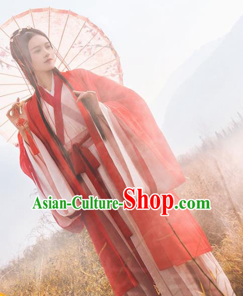 Chinese Ancient Swordswoman Hanfu Apparels Traditional Costumes Jin Dynasty Female Knight Red Dress Garment