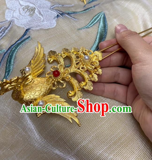 Chinese Ancient Empress Golden Phoenix Hairpins Hair Accessories Handmade Ming Dynasty Court Queen Agate Hair Stick