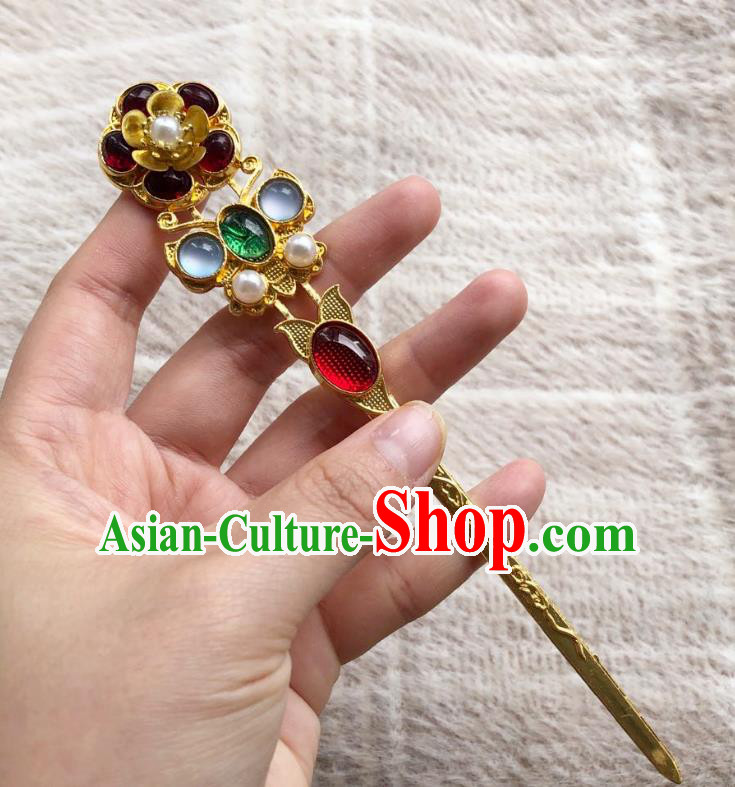 Chinese Ancient Empress Garnet Hairpins Hair Accessories Handmade Ming Dynasty Court Aquamarine Golden Hair Stick