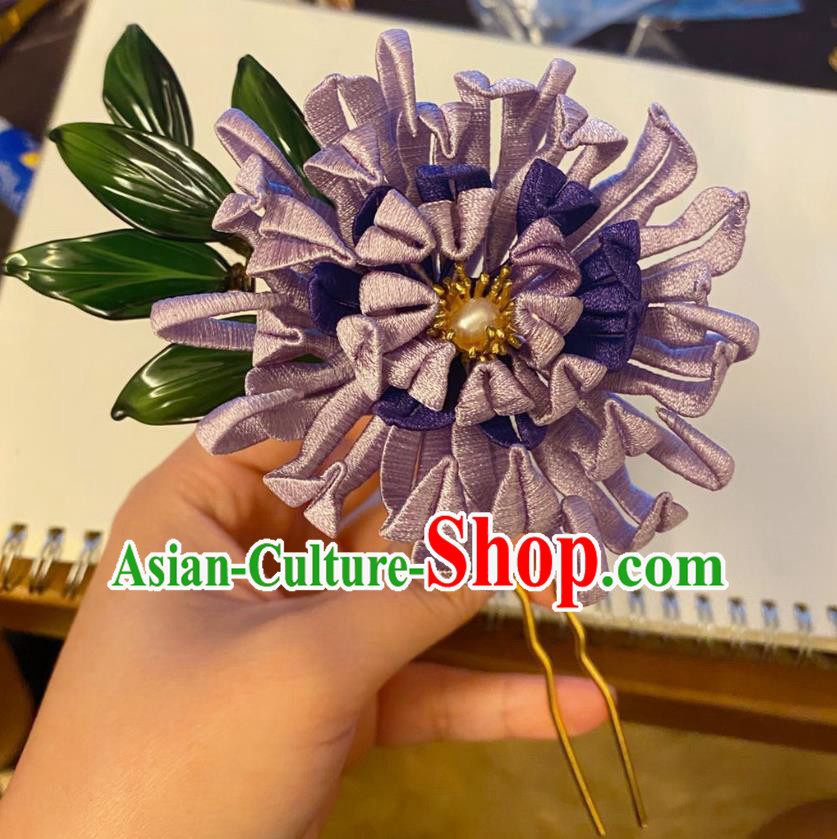 Chinese Ancient Palace Lady Hairpins Hair Accessories Handmade Tang Dynasty Purple Silk Chrysanthemum Hair Stick