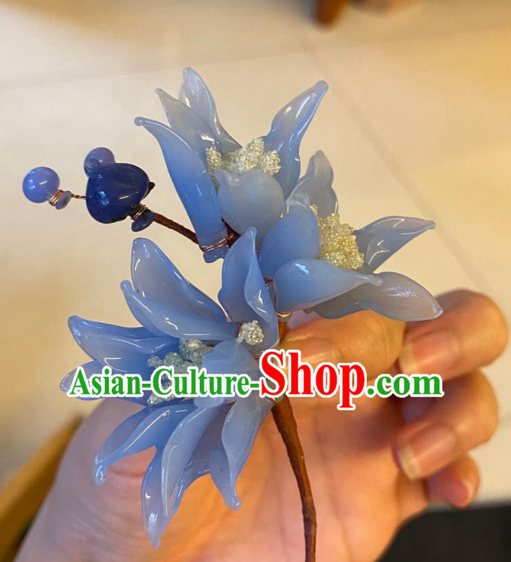 Chinese Ancient Court Lady Blue Flowers Hairpins Hair Accessories Handmade Song Dynasty Plastic Flowers Hair Stick