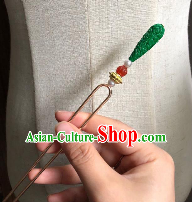 Chinese Ancient Empress Agate Hairpins Hair Accessories Handmade Ming Dynasty Court Green Hair Stick