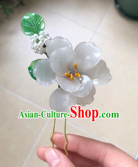 Chinese Ancient Palace Lady Beads Plastic Camellia Hairpins Hair Accessories Handmade White Flower Hair Stick