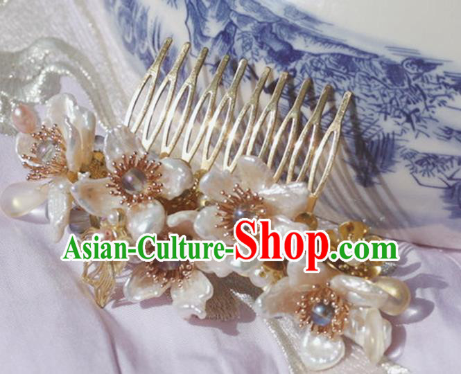 Chinese Ancient Princess Pearls Hairpins Hair Accessories Handmade Ming Dynasty Shell Plum Hair Comb