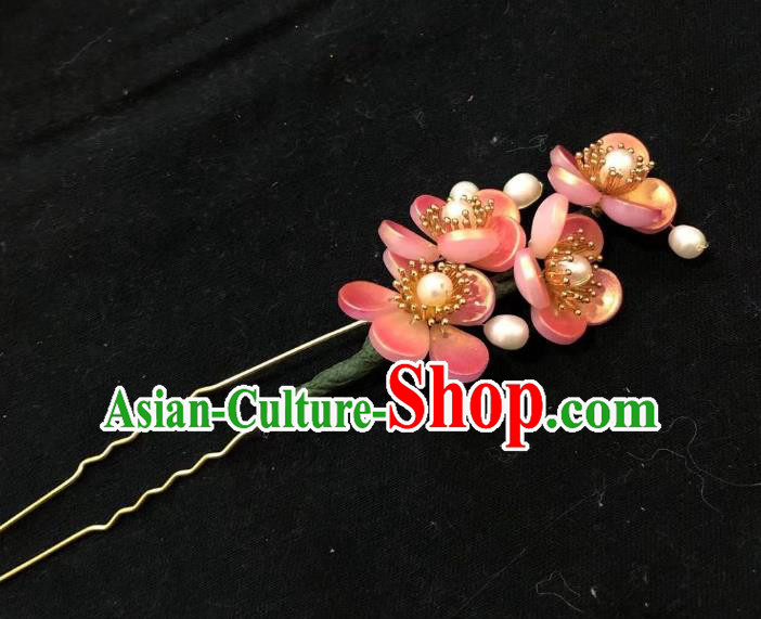 Chinese Ancient Princess Pink Plum Flowers Hairpins Hair Accessories Handmade Ming Dynasty Pearls Blossom Hair Stick