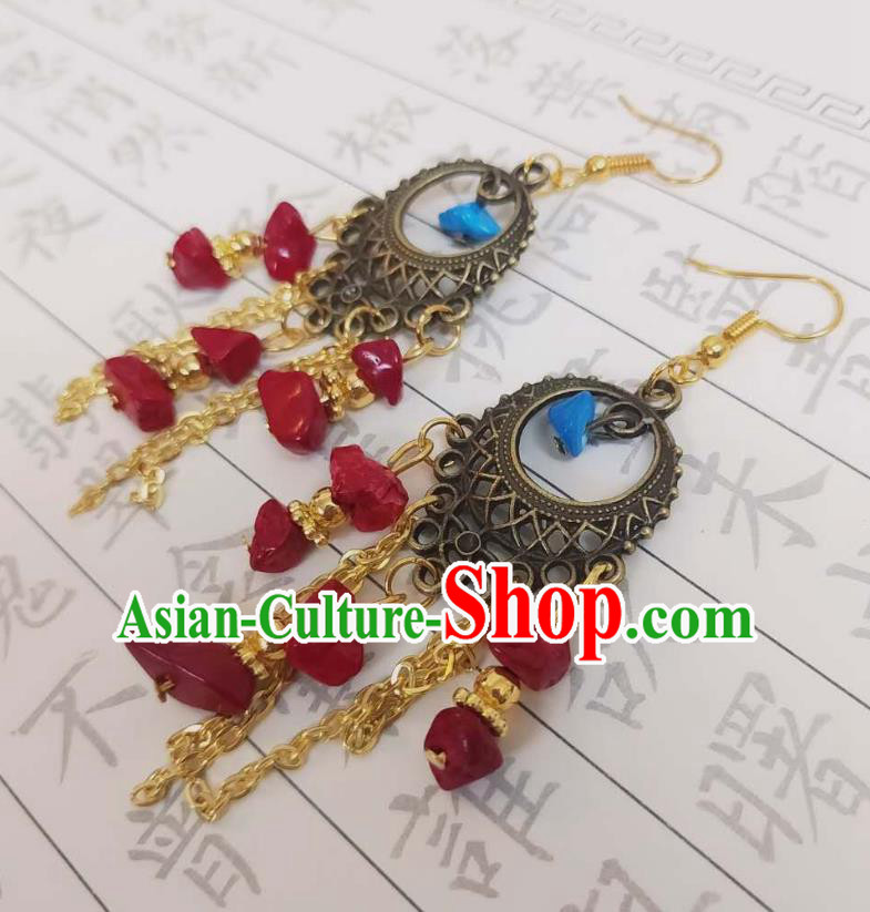 Handmade Chinese Classical Court Princess Eardrop Cheongsam Ear Accessories Ancient Hanfu Red Tassel Earrings