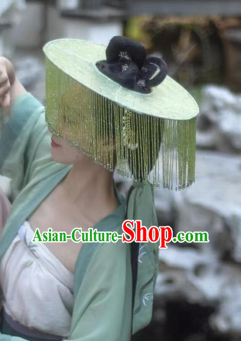 Chinese Classical Ancient Princess Green Beads Tassel Hat Ancient Song Dynasty Swordswoman Headwear