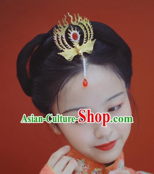 Chinese Ancient Empress Golden Phoenix Hair Crown Hairpins Hair Accessories Handmade Ming Dynasty Palace Pearl Tassel Hair Stick
