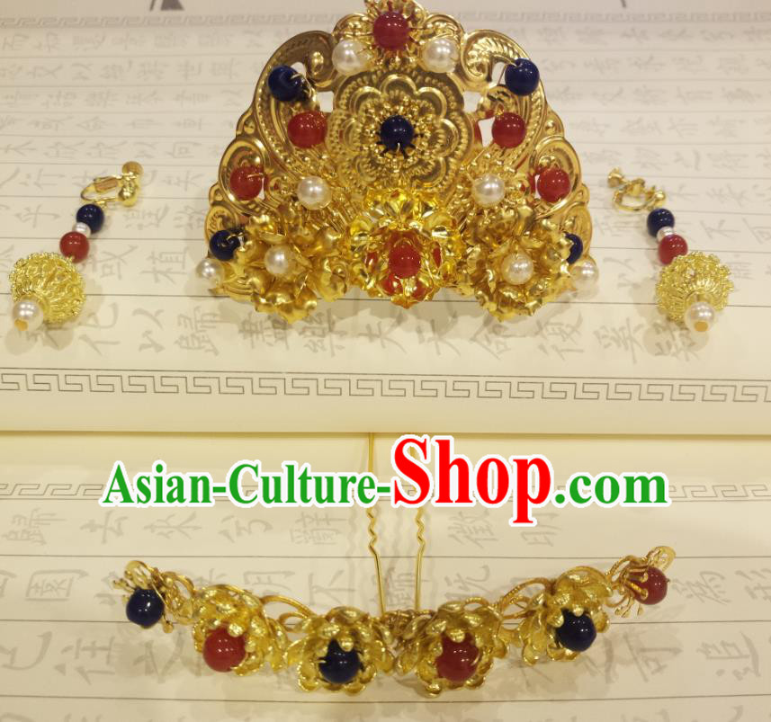 Chinese Ancient Empress Gems Hair Crown Golden Hairpins Hair Accessories Handmade Ming Dynasty Palace Hair Stick