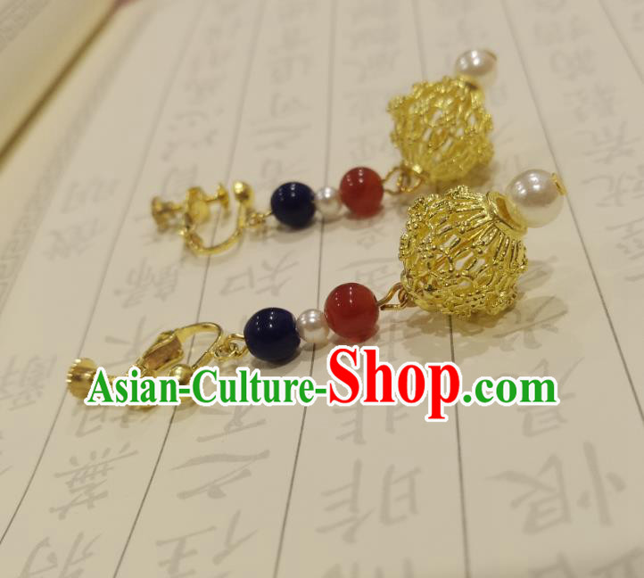 Handmade Chinese Classical Court Queen Eardrop Golden Ear Accessories Ancient Ming Dynasty Empress Hanfu Earrings