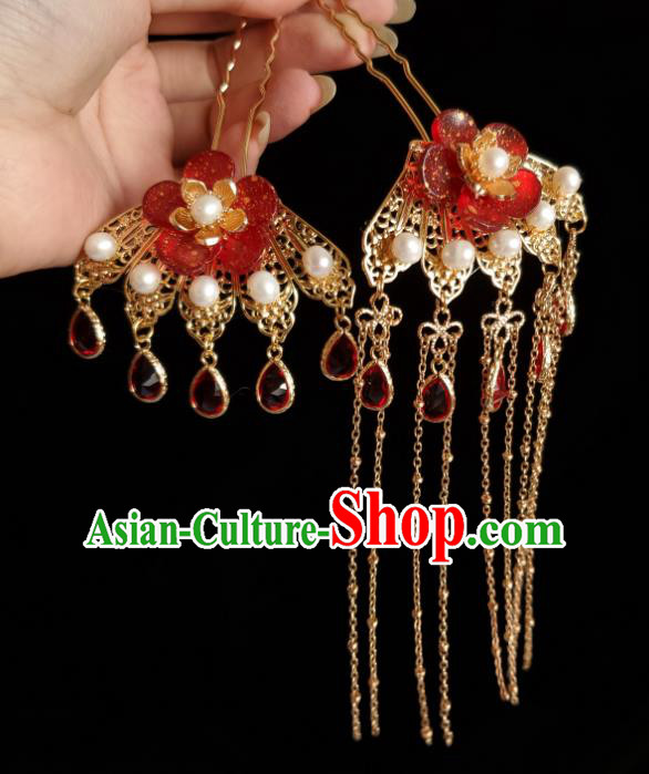 Chinese Ancient Princess Red Plum Blossom Hairpins Hair Accessories Handmade Cheongsam Crystal Tassel Hair Stick