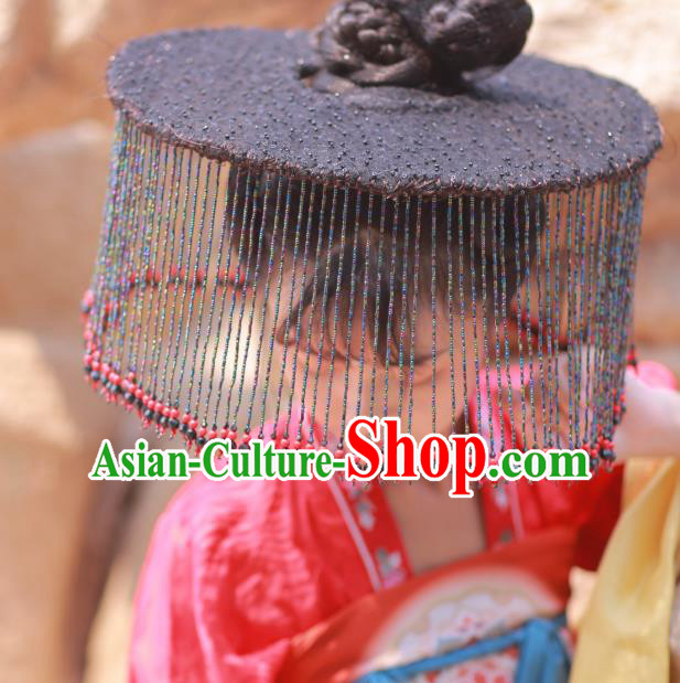 Chinese Classical Handmade Black Beads Tassel Hat Ancient Ming Dynasty Princess Hanfu Headwear