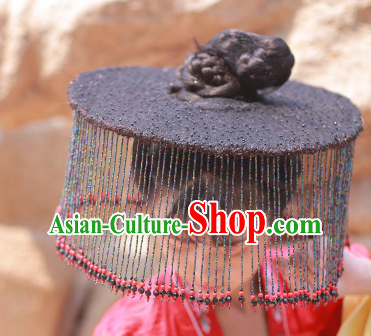 Chinese Classical Handmade Black Beads Tassel Hat Ancient Ming Dynasty Princess Hanfu Headwear