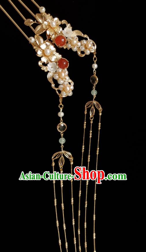 Chinese Ancient Empress Golden Tassel Pearls Hairpins Hair Accessories Handmade Ming Dynasty Hanfu Hair Stick