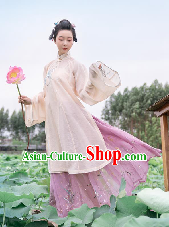 Chinese Ancient Ming Dynasty Patrician Lady Historical Costumes Traditional Hanfu Dress Embroidered Orchids Gown and Skirt Full Set