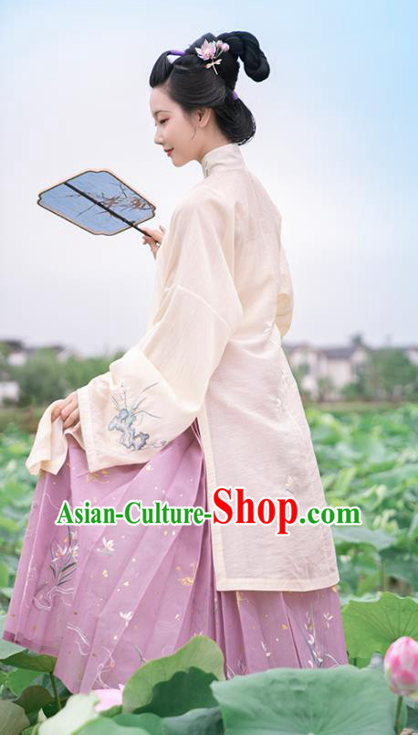 Chinese Ancient Ming Dynasty Patrician Lady Historical Costumes Traditional Hanfu Dress Embroidered Orchids Gown and Skirt Full Set