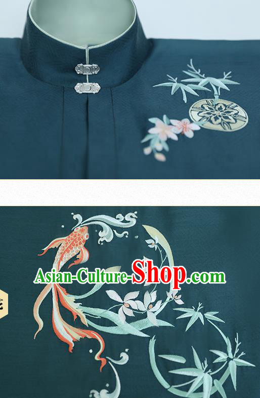 Chinese Ancient Patrician Woman Embroidered Navy Gown and Skirt Traditional Hanfu Dress Ming Dynasty Historical Costumes