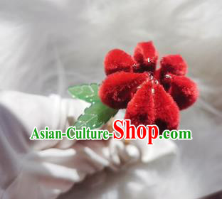Chinese Ancient Qing Dynasty Red Velvet Chrysanthemum Hair Stick Handmade Hair Accessories Hanfu Princess Hairpins