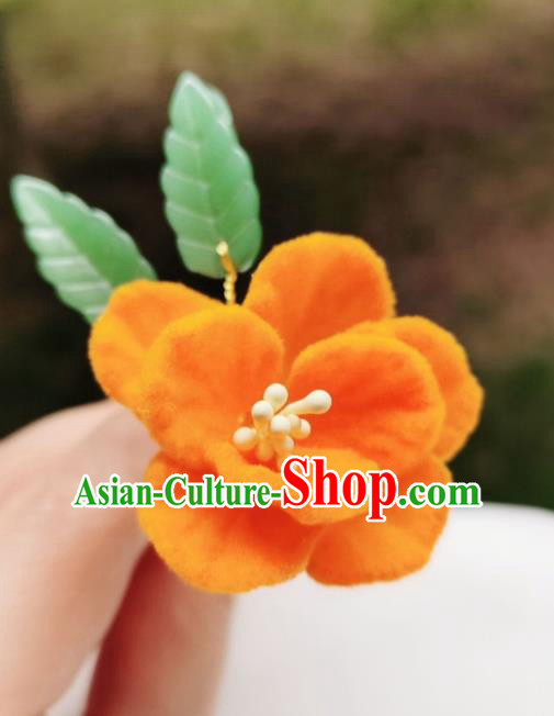 Chinese Qing Dynasty Orange Velvet Camellia Hair Stick Handmade Hair Accessories Hanfu Ancient Princess Flowers Hairpins