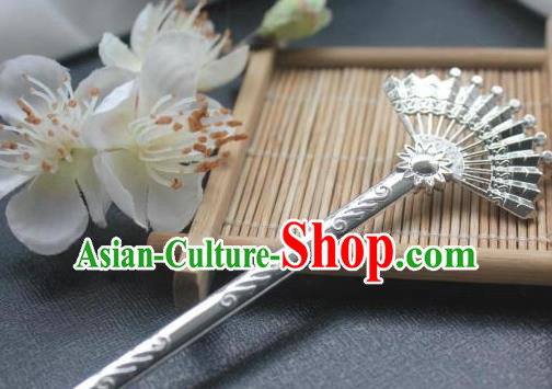 Chinese Classical Fan Hair Stick Handmade Hanfu Hair Accessories Ancient Song Dynasty Palace Argent Hairpins