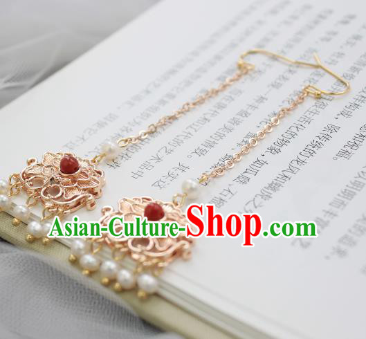 Chinese Handmade Pearls Tassel Earrings Classical Jewelry Accessories Hanfu Ming Dynasty Golden Eardrop
