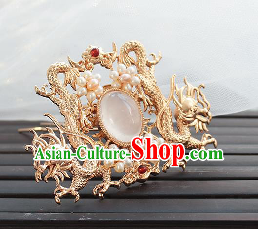 Chinese Classical Golden Dragons Hair Crown Handmade Hanfu Hair Accessories Ancient Ming Dynasty Empress Pearls Hairpins