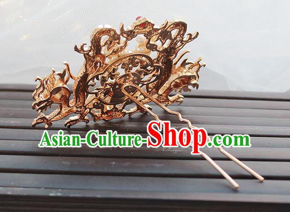Chinese Classical Golden Dragons Hair Crown Handmade Hanfu Hair Accessories Ancient Ming Dynasty Empress Pearls Hairpins