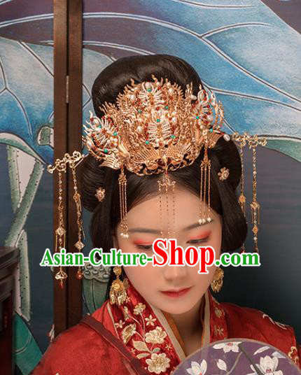 Chinese Classical Court Golden Phoenix Hair Crown Handmade Hanfu Hair Accessories Ancient Han Dynasty Empress Pearls Hairpins