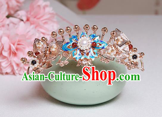 Chinese Classical Court Blueing Lotus Hair Crown Handmade Hanfu Hair Accessories Ancient Ming Dynasty Empress Golden Butterfly Hairpins