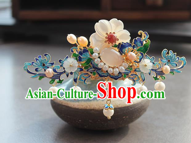 Chinese Classical Blueing Flowers Hair Crown Handmade Hanfu Hair Accessories Ancient Ming Dynasty Empress Pearls Hairpins