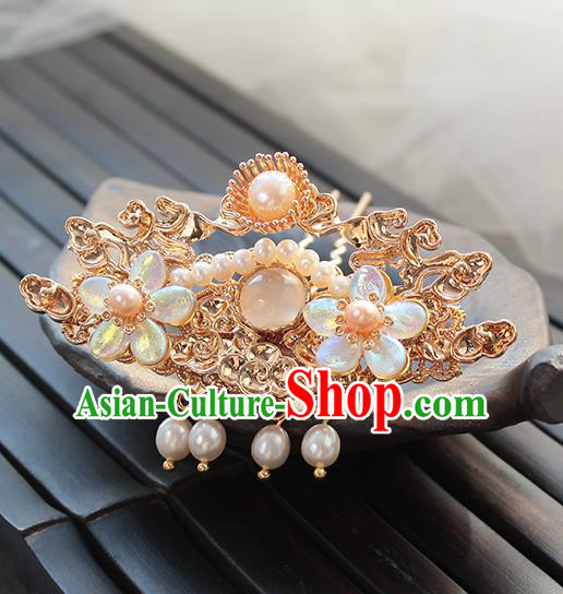 Chinese Classical Golden Hair Crown Handmade Hanfu Hair Accessories Ancient Ming Dynasty Empress Pearls Cloud Hairpins