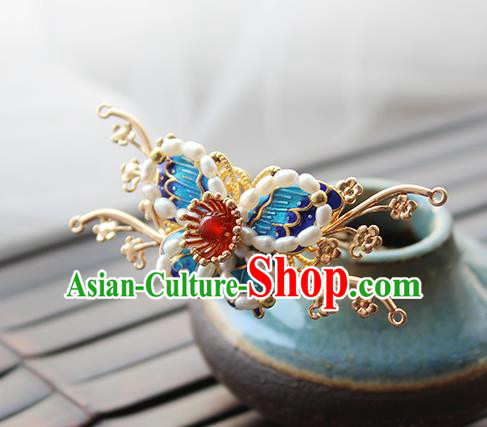 Chinese Classical Pearls Golden Hair Crown Handmade Hanfu Hair Accessories Ancient Ming Dynasty Empress Blueing Butterfly Hairpins