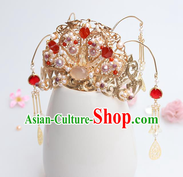 Chinese Classical Palace Pink Chalcedony Hair Crown Handmade Hanfu Hair Accessories Ancient Ming Dynasty Empress Red Crystal Pearls Hairpins