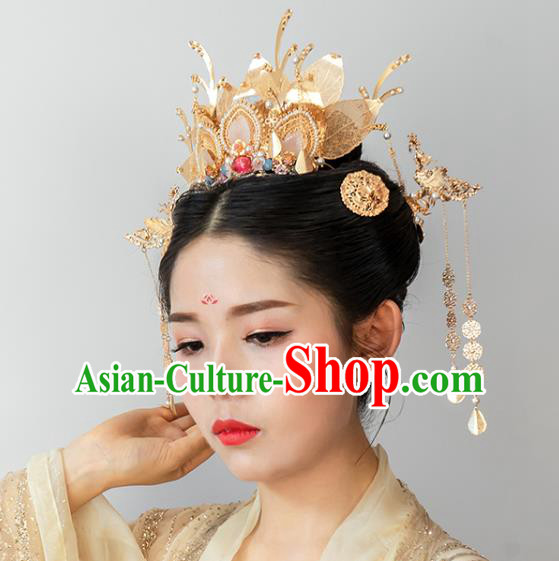 Chinese Classical Palace Golden Lotus Hair Crown Handmade Hanfu Hair Accessories Ancient Song Dynasty Empress Hairpins