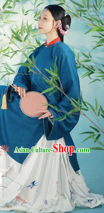 Chinese Ancient Young Female Historical Costumes Traditional Ming Dynasty Noble Countess Hanfu Apparels Blue Gown and Skirt Complete Set